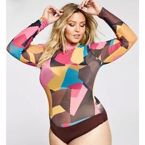 Nina Parker 4X Bodysuit Plus Size Mock Neck Sheer Abstract Brown and Pink